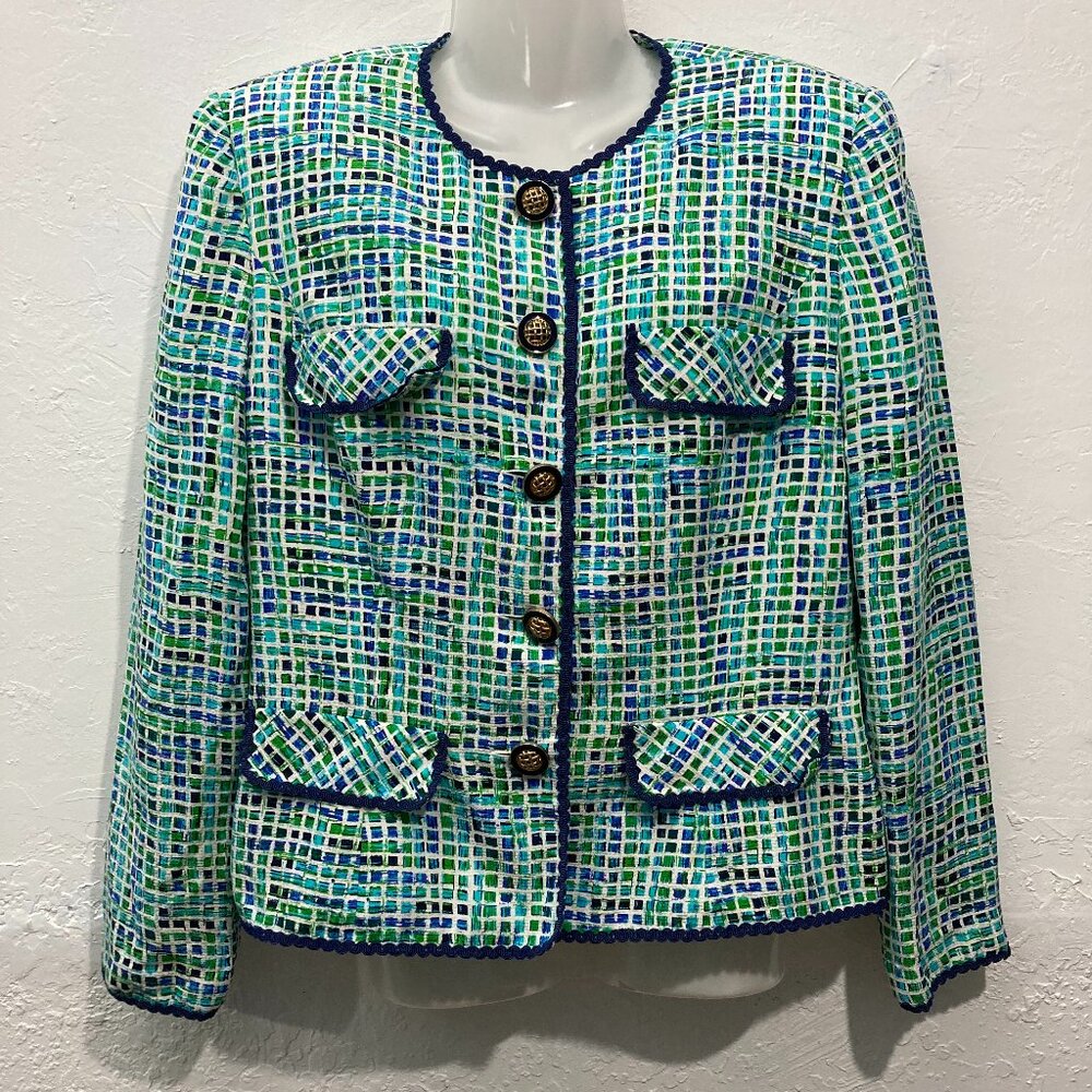 Adrianna Papell Safe Silk Button Blazer Blue Shoulder Pads Full lined Silk 12 - Picture 3 of 12
